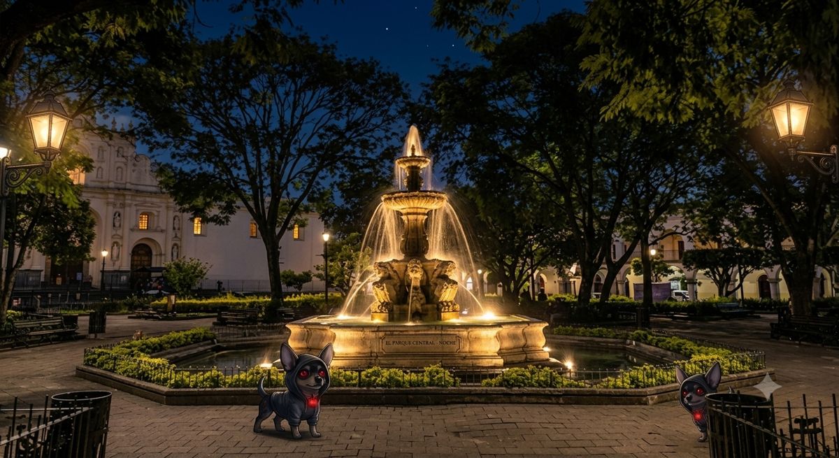 Red at the Parque Central fountain after dark