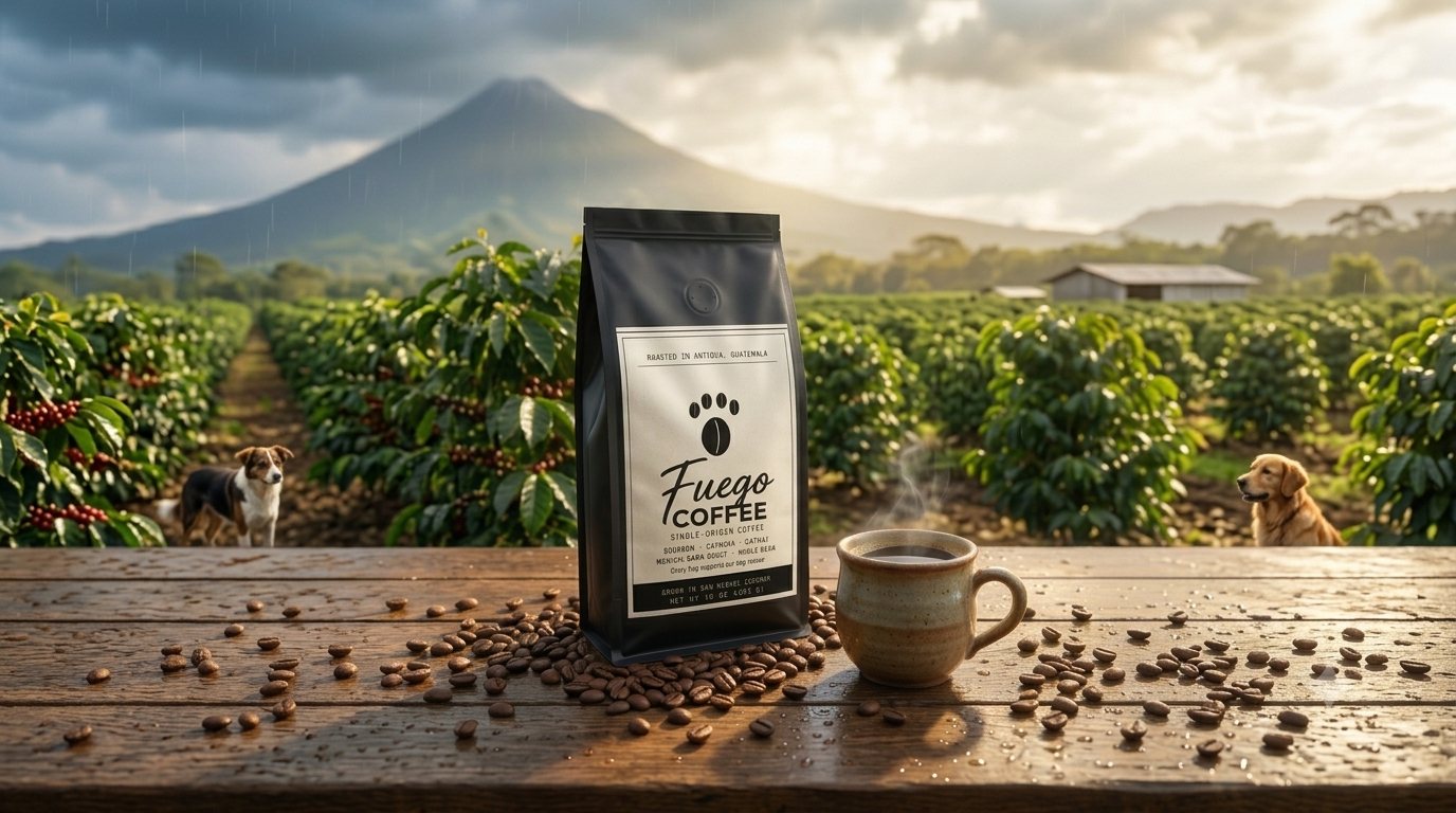 Fuego Coffee bag on a farm table below the volcano