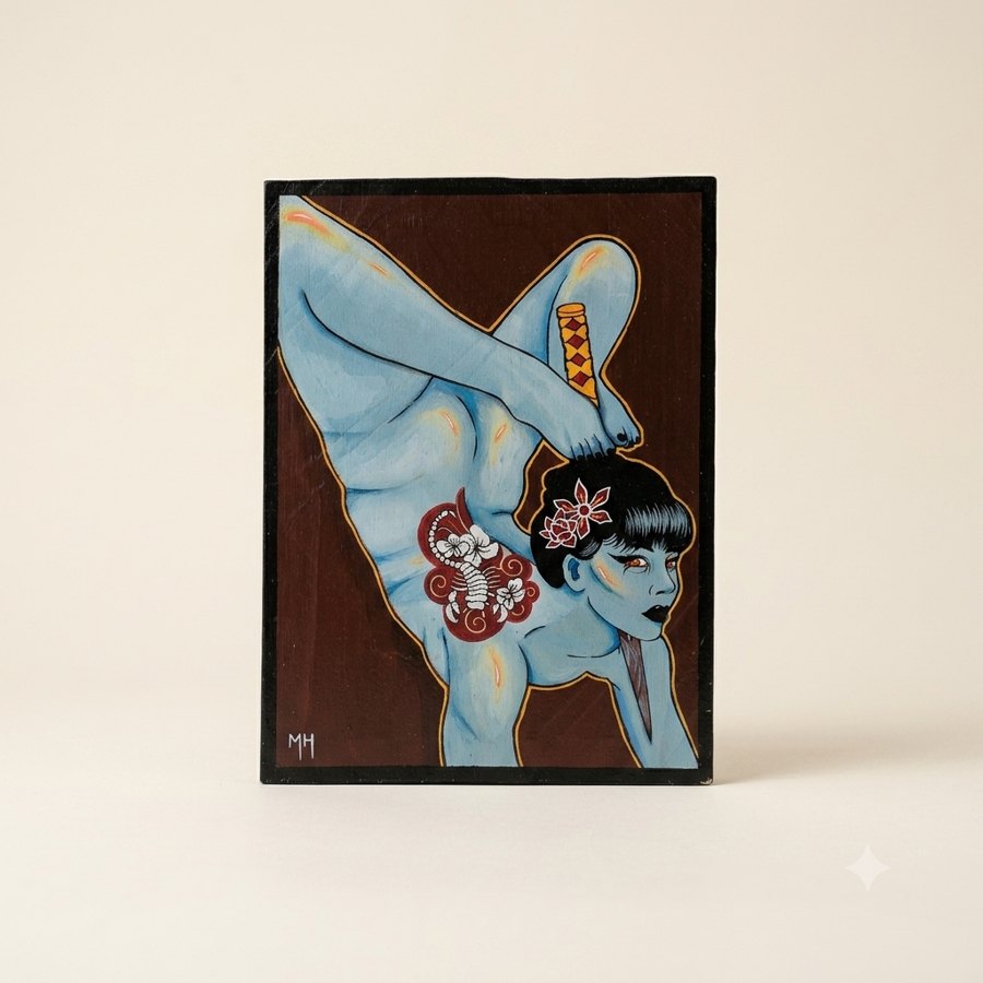 Blue tattooed figure on wood