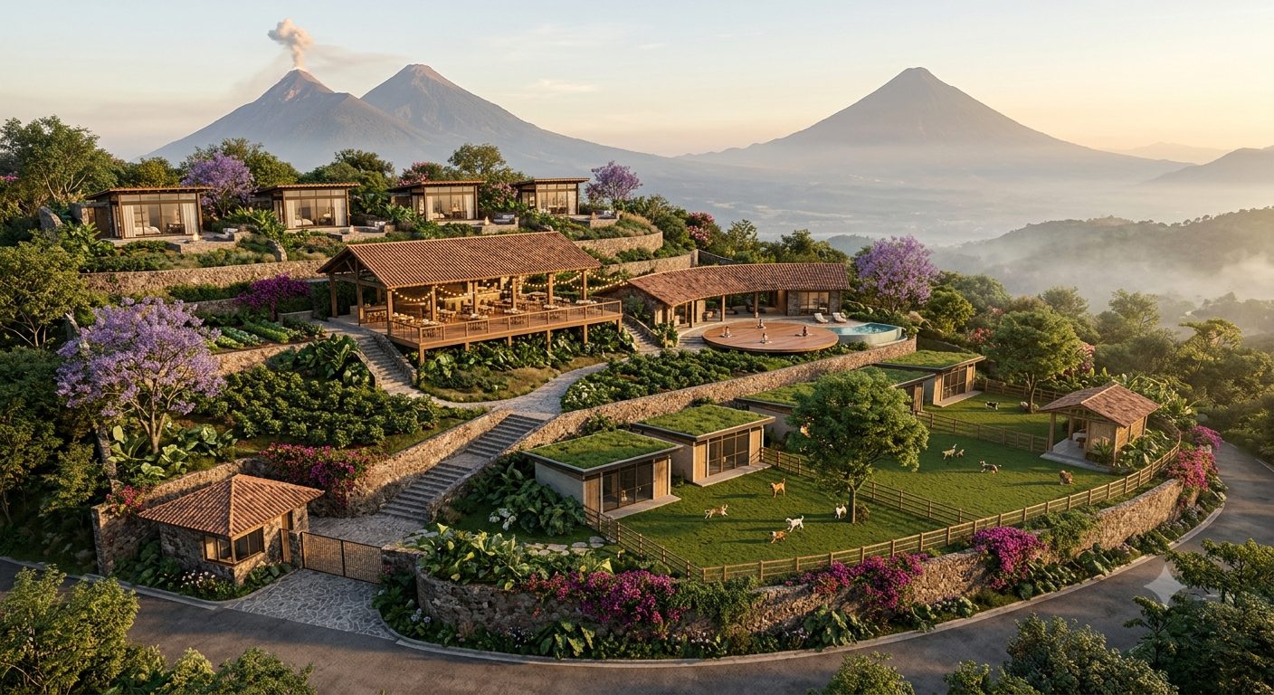 Santuario Fuego — architectural rendering with Volcán de Fuego, casitas, restaurant, wellness lodge and dog sanctuary